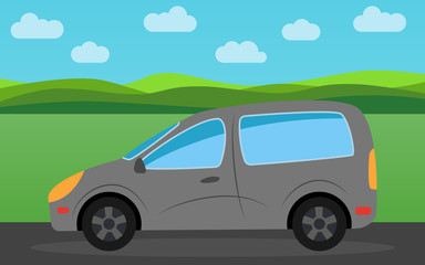 Fototapeta premium Gray car in the background of nature landscape in the daytime. Vector illustration. 