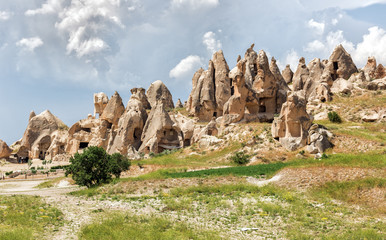 Landscape with rock formations in Cappadocia, Turkey.