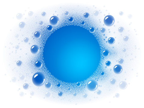 Soap foam overlying on the background of a blue water color. Transparent vector frame