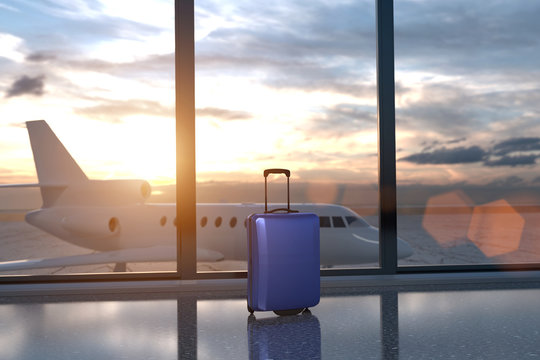 Wem gehoert der Koffer? Ein verlassener Koffer vor dem Panoramafenster am Flughafen. Im Hintergrund ein am Boden wartendes Flugzeug im Sonnenuntergang. Erstellt in 3D