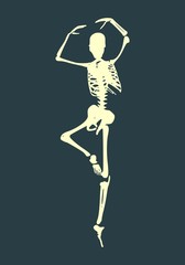 Human skeleton posing. Dancing pose. Vector illustration. Halloween party design template