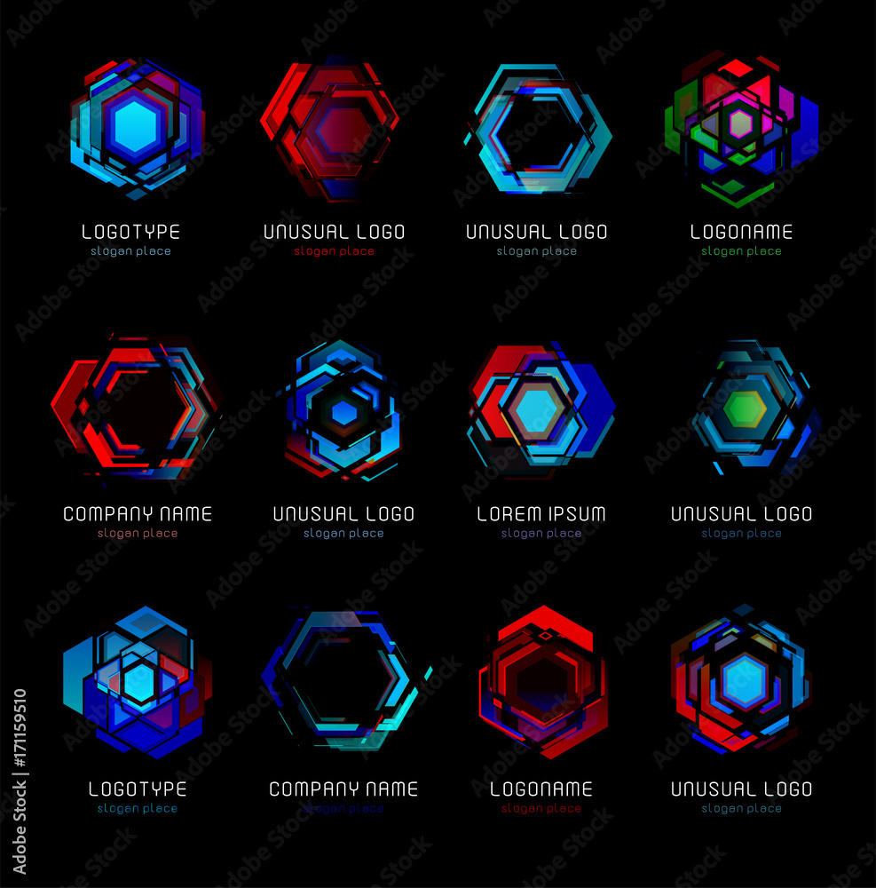 Poster futuristic reactor abstract colorful vector logo template. innovative technologies digital design ef