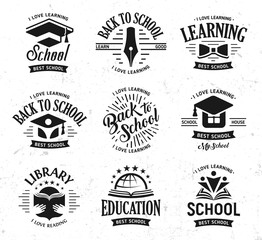 School vector logos set, monochrome vintage design education signs. Back to school, university, college, learning logo collection. Black and white emblems on white grunge background