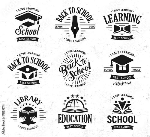 "School vector logos set, monochrome vintage design ...