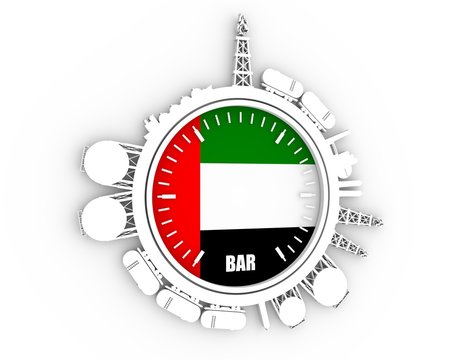 Circle with energy relative silhouettes. Design set of natural gas industry. Objects located around the manometer circle. 3D rendering. Flag of the United Arab Emirates