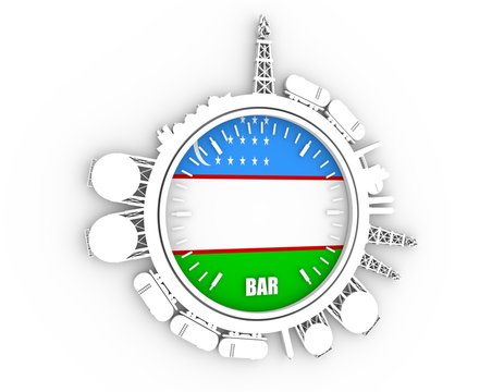 Circle with energy relative silhouettes. Design set of natural gas industry. Objects located around the manometer circle. 3D rendering. Flag of the China