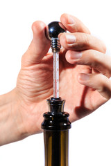 thermometer in hand, sommeliers measures the temperature of the wine in the bottle