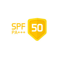 Spf label vector icon isolated on white, sun protection factor 50 symbol or sticker with text and shield