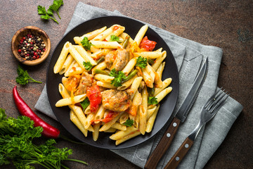 Pasta penne with meat and vegetables.