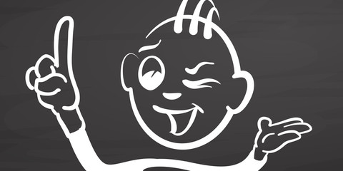 Stickman pointing up on chalkboard