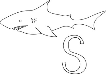 Vector hand drawn illustration capital letter S on alphabet card. Black and white realistic shark isolated. Kids ABC, school education. Coloring page for children.
