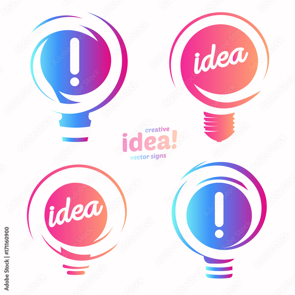Poster stylized lightbulbs logo set, new idea and solution abstract symbol, flat bright cartoon incandescen