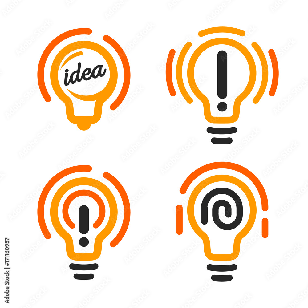 Poster stylized lightbulbs logo set, new idea and solution abstract symbol, flat bright cartoon incandescen