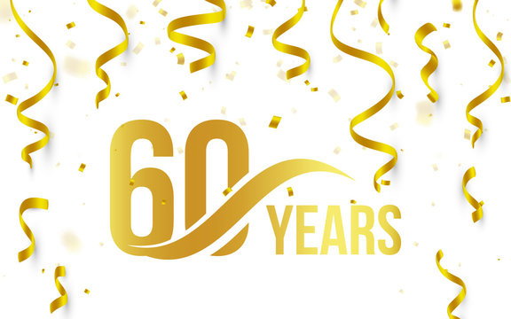 Isolated golden color number 60 with word years icon on white background with falling gold confetti and ribbons, 60th birthday anniversary greeting logo, card element, vector illustration