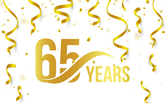 Isolated golden color number 65 with word years icon on white background with falling gold confetti and ribbons, 65th birthday anniversary greeting logo, card element, vector illustration