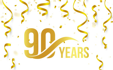 Isolated golden color number 90 with word years icon on white background with falling gold confetti and ribbons, 90th birthday anniversary greeting logo, card element, vector illustration