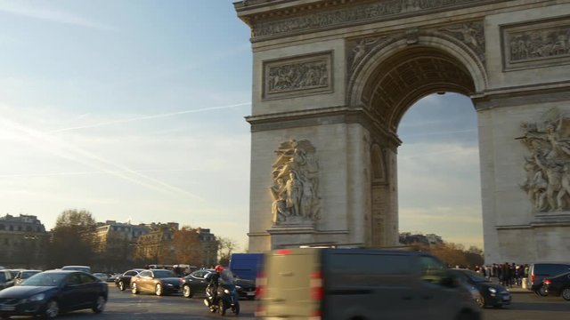 sunset time paris city famous triumphal arch traffic circle front panorama 4k france
