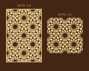 Laser cutting set. Woodcut vector panel. Plywood lasercut eastern design. Rising sun seamless pattern for printing, engraving, paper cutting. Stencil ornament.