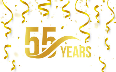 Isolated golden color number 55 with word years icon on white background with falling gold confetti and ribbons, 55th birthday anniversary greeting logo, card element, vector illustration