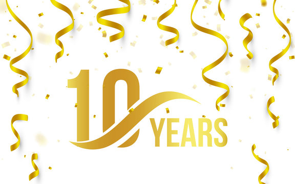 Isolated golden color number 10 with word years icon on white background with falling gold confetti and ribbons, 10th birthday anniversary greeting logo, card element, vector illustration