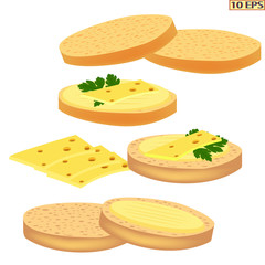 Loaf of bread sliced for the sandwiches. Bread with cheese. Sandwich with butter, cheese and herbs.  Lettuce, parsley, onion. Vector illustration isolated on white background.