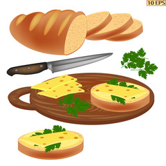 Loaf of bread sliced for the sandwiches. Bread with cheese. Sandwich with butter, cheese and herbs.  Lettuce, parsley, onion. Vector illustration isolated on white background.