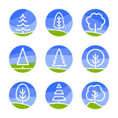 Nature abstract logo. Isolated white color trees on blue sky background and green field in lineart style set, forest, park and garden flat circle signs collection.