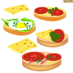 Bread. Sandwich. Sandwich with cheese, egg, bacon and tomato. Toasts. Sliced bread for the sandwiches. Lettuce, parsley, dill. Fast food, snacks.  Vector.