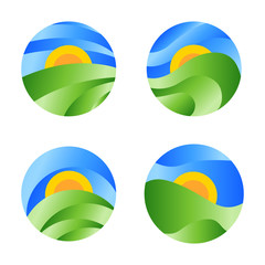 Nature round landscape icon, yellow sunrise in the green field on the blue sky. Vector abstract circle logo.