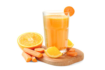 Glass with fresh juice and ingredients on white background