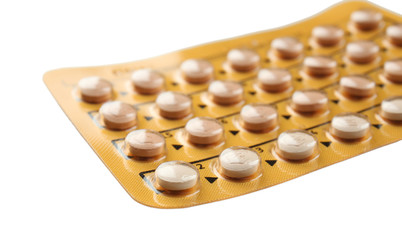 Birth control pills on white background. Oral contraception concept