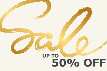 Sale banner template design in gold and white colors. Handwritten Sale