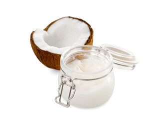 Coconut oil in mason jar on white background