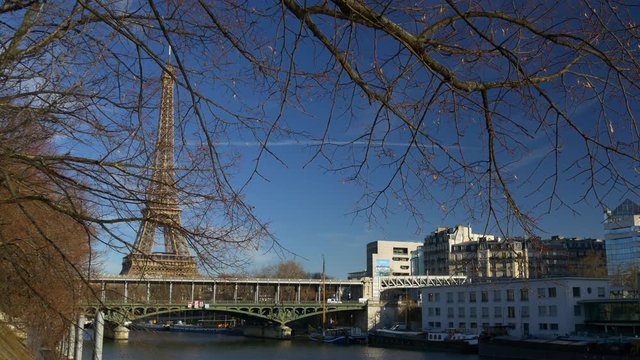 sunny day paris eiffel tower cityscape bridge panorama 4k france
