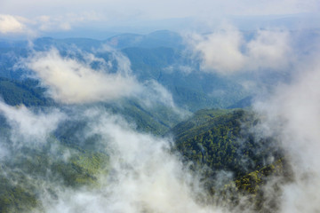 Aerial view of cloudy mountains