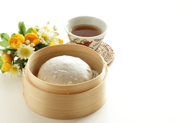 Chinese food, black sesame steamed bun in steamer