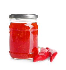 Tasty chili sauce in jar, isolated on white