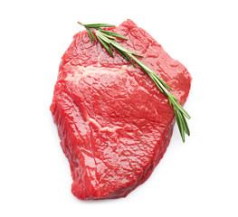 Fresh raw meat with rosemary on white background