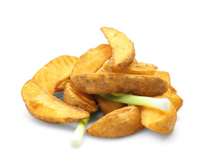 Delicious baked potato wedges on white background