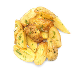 Delicious baked potato wedges on white background