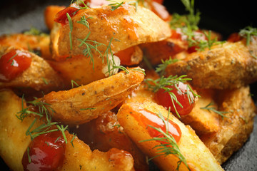 Delicious baked potato wedges, close up
