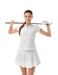 Beautiful young woman with golf iron on white background