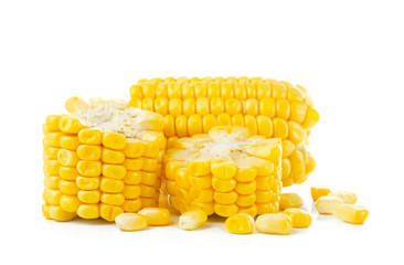 Pieces of fresh corn cob, isolated on white