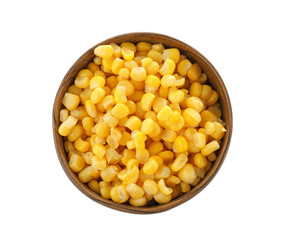 Bowl with canned corn kernels on white background