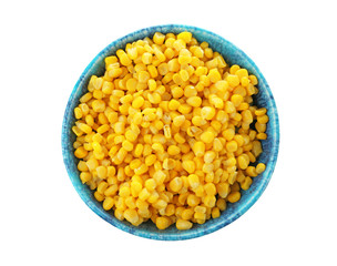 Bowl with canned corn kernels on white background