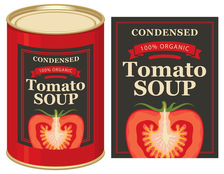 Vector illustrations set of tin cans with the label and labels for the condensed tomato soup with the image of a cut tomato