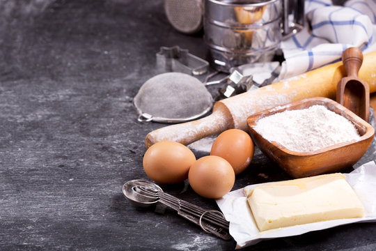 ingredients for baking and kitchen utensils - Powered by Adobe