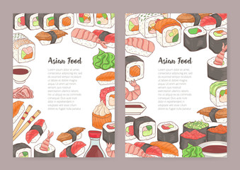 Set of templates with place for text in center and colorful frame consisted of different kinds of sushi, rolls, soy sauce. Vector illustration for menu, flyer, advertisement of Japanese restaurant.