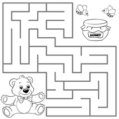 Fototapeta premium Help bear find path to honey. Labyrinth. Maze game for kids. Black and white vector illustration for coloring book