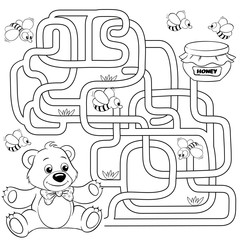 Fototapeta premium Help bear find path to honey. Labyrinth. Maze game for kids. Black and white vector illustration for coloring book